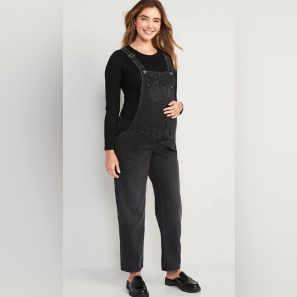 Old Navy Black Denim Maternity Side Panel Jean Overalls NWOT 12 Long